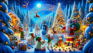 Christmas scene with Santa, elves, reindeer, snowy village backdrop, and decorated pine trees.Generative AI photo