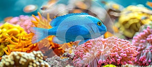 Vibrant chromis fish swimming among colorful corals in a saltwater aquarium environment