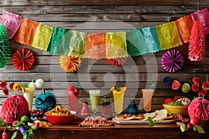 Vibrant Cinco de Mayo Celebration Setup with Pinatas, Papel Picado, and Traditional Mexican Food photo