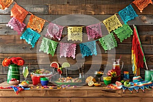 Vibrant Cinco de Mayo Celebration Setup with Pinatas, Papel Picado, and Traditional Mexican Food photo