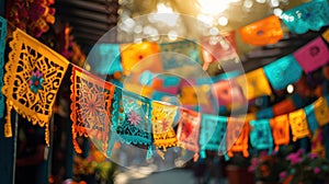 Vibrant Cinco de Mayo Papel Picado Decorations Hanging in Air photo