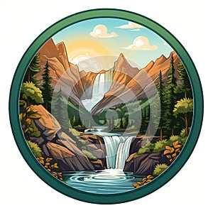 Vibrant Circle: Detailed Shading, Rocky Mountain, Waterfall Art