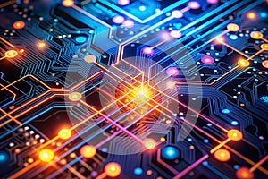 Vibrant Circuitry: A Colorful Dance of Data Flow and Digital Patterns. The Image Showcases a Vivid Circuit Board, with Glowing photo