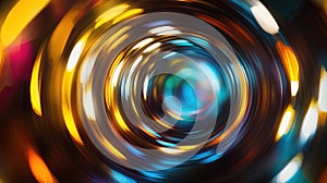 Vibrant circular light patterns create depth