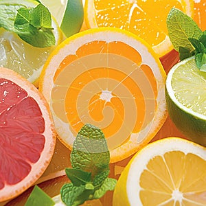 Vibrant citrus medley Orange, grapefruit, lemon, lime with refreshing mint