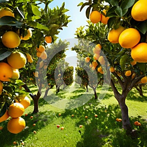 a vibrant citrus orchard with rows of lemon and orange photo