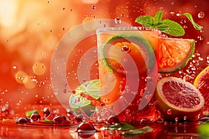 Vibrant Citrus Splash Cocktail with Fresh Mint, Orange Slice, and Juicy Pomegranate Seeds on Fiery Background