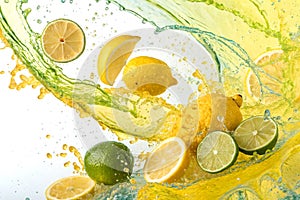 Vibrant citrus splash with lemons and limes