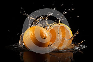 Vibrant Citrus Splash: Realistic Orange Fruit Slices on a Black Background