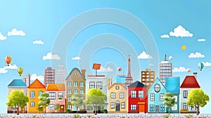 Vibrant City Background with Colorful Houses and Balloons