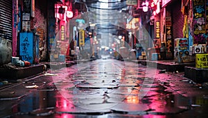 Vibrant city life, wet streets, illuminated buildings, bustling nightlife generated by AI