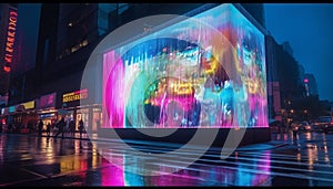 Vibrant city nightlife illuminates modern architecture with multi colored neon lights generated by AI