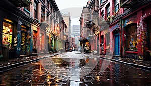 Vibrant city nightlife illuminates old architecture in wet, multi colored streets generated by AI