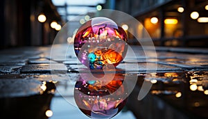 A vibrant city nightlife reflected in a glass sphere generated by AI