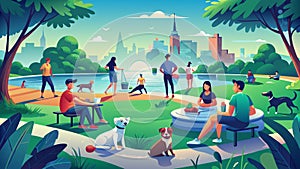 Vibrant City Park Scene with Diverse People and Pets Enjoying Outdoors