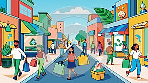 Vibrant City Shopping Street Scene with Diverse Pedestrians Plastic Bag Free Day photo