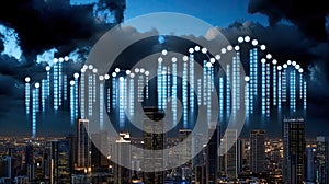 A vibrant city skyline illustrates the integration of technology with binary code overlaying modern buildings under a