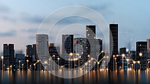 A vibrant city skyline illustrates the integration of technology with binary code overlaying modern buildings under a