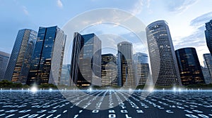 A vibrant city skyline illustrates the integration of technology with binary code overlaying modern buildings under a
