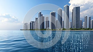 A vibrant city skyline illustrates the integration of technology with binary code overlaying modern buildings under a