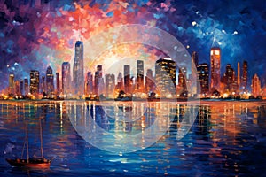 Vibrant city skyline at night, illuminated by a sea of colorful lights