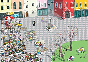 Vibrant City Square Cartoon