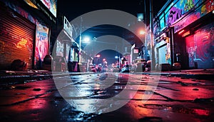Vibrant city street, illuminated by neon lights, reflects in rain generated by AI
