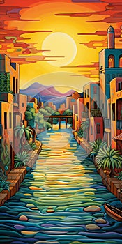 Vibrant Cityscape Art: Phoenix Canals In Mexican Folklore-inspired Style