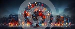 A vibrant cityscape featuring an illuminated tree with colorful traffic light signals. Concept Cityscape, Illuminated Tree,
