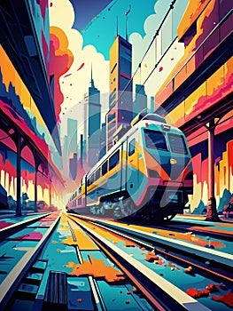 Vibrant Cityscape with Modern Train and Dynamic Skyline