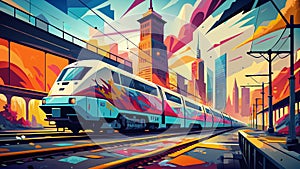 Vibrant Cityscape with Modern Train at Sunset Illustration