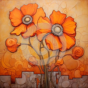 Vibrant Cityscape Painting With Orange Flowers In Kelly Vivanco Style