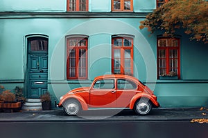 A vibrant classic car parked by a colorful house