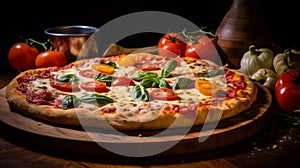 Vibrant Classic Pizza On Wooden Base - Tabletop Photography