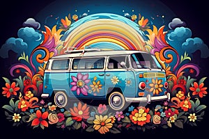 Vibrant Classic Vintage Van With Flourishing Flowers and Radiant Rainbow Illustration