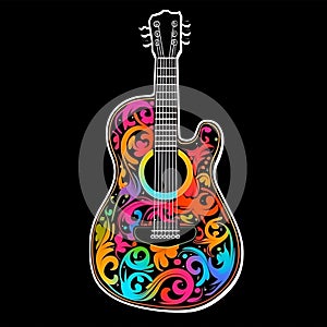 Vibrant classical guitar with a floral pattern isolated on a black backdrop. AI-generated.