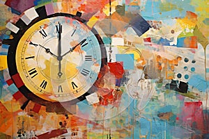 Vibrant Clock Painting with Mixed Media Elements. Chronos in Abstract. Time Management Modern Art Collage