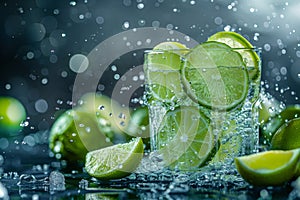 Refreshing caipirinha cocktail with splashing lime slices on a dark grey background