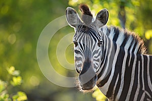 A vibrant, close up, colour image of a zebra looking at the camera.