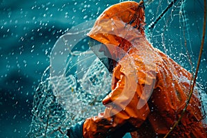 Fisherman in action: Close-up shot of a fisherman at sea with fishing net and gear