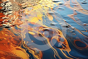 A vibrant close-up image of water displaying brilliant orange and blue colors, Oil slick pattern on water, AI Generated