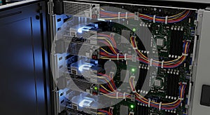 High Performance Data Center Server Rack Interior Advanced Cloud Computing Hardware Network Infrastructure Detail