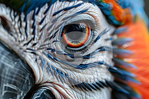 Vibrant Close-Up of Parrot s Eye with Intricate Feather Details for Nature and Wildlife Art Generative AI photo