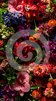 Vibrant Close-Up of Pink Orchids, Red Roses, and Orange Daisies Amidst Lush Green Leaves