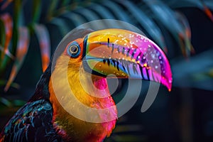 Vibrant Close up Portrait of a Toucan with Colorful Beak Amidst Lush Tropical Foliage