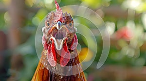 Vibrant close up of a rooster crowing loudly, showcasing its colorful plumage and expressive call.