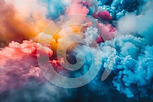 A vibrant cloud of colorful smoke is seen swirling and moving swiftly through the air, Colorful powders swirling in the air photo