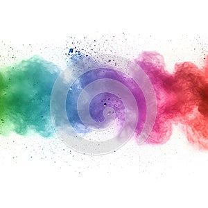 A vibrant cloud of multicolored powder explodes across a white background, creating a dynamic and abstract visual effect.