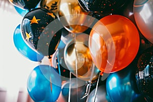 A vibrant cluster of balloons featuring star-shaped designs floating in the air, Space-themed birthday party balloons, AI