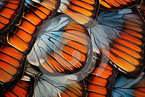 A vibrant cluster of orange and blue butterflies peacefully assembled on a colorful flower, Macro view of butterfly wing patterns